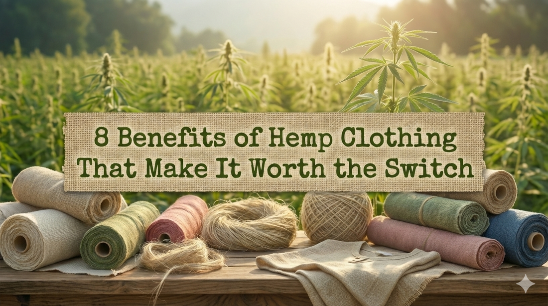 Rolled hemp fabrics, yarn, and garments displayed in front of a hemp field with the text “8 Benefits of Hemp Clothing That Make It Worth the Switch,” highlighting sustainable textile advantages.