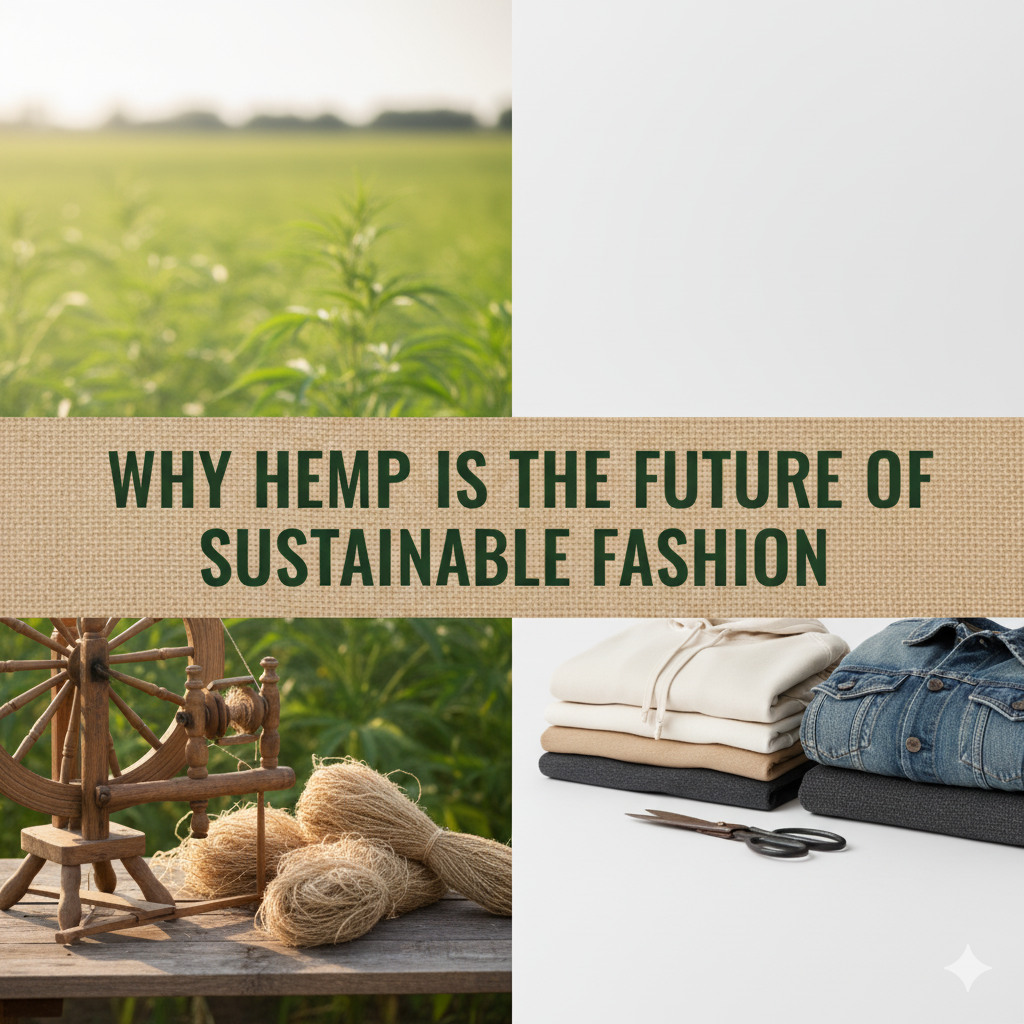 Hemp plants, natural fibre strands, and folded sustainable clothing displayed with the text “Why Hemp Is the Future of Sustainable Fashion,” symbolizing eco-friendly textile innovation.
