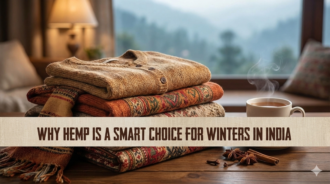 Folded warm winter sweaters stacked on a wooden table beside a steaming cup of tea, with a soft indoor winter setting and text reading ‘Why Hemp Is a Smart Choice for Winters in India’.