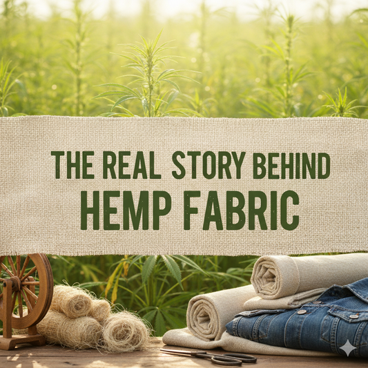 Hemp fabric rolls, denim, and raw hemp fibres displayed against a green hemp field, with the text “The Real Story Behind Hemp Fabric” highlighting sustainable textile origins.