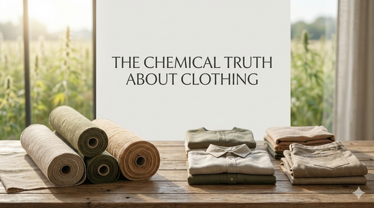 Rolled hemp fabric and folded neutral-toned clothing displayed on a wooden table with a hemp field in the background and the text ‘The Chemical Truth About Clothing
